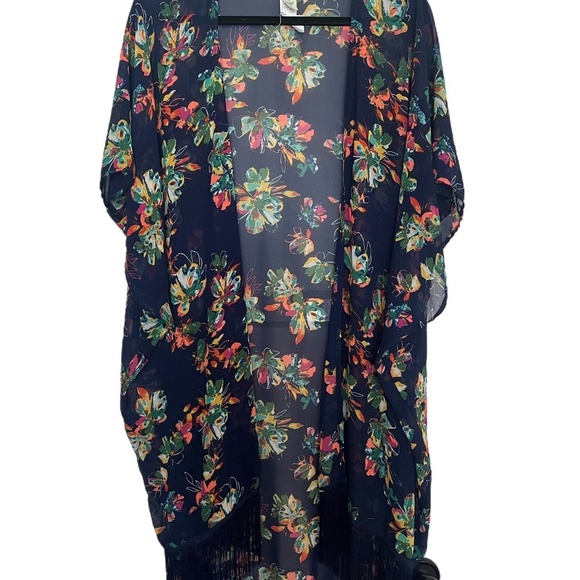 Boho Floral vibrant fringed sheer feminine Beachy Kimono cover up - Picture 1 of 4